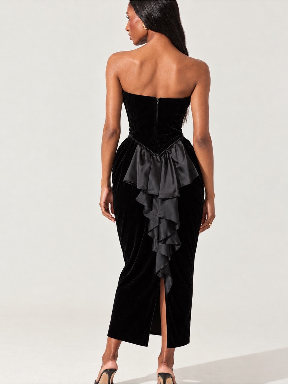 Vintage S Black Velvet Strapless Bustier Midi Dress Y2K Witchy Goth Dark Fairy